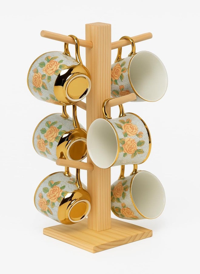 WOODKIT Wooden Mug/Cup Stand for Kitchen | Tea Cup & Coffee Mug Stand 6 Hooks Pinewood Mug Holder | Tabletop Cup Stand for Kitchen Square Bottom Cup Holder Stand - Image 1